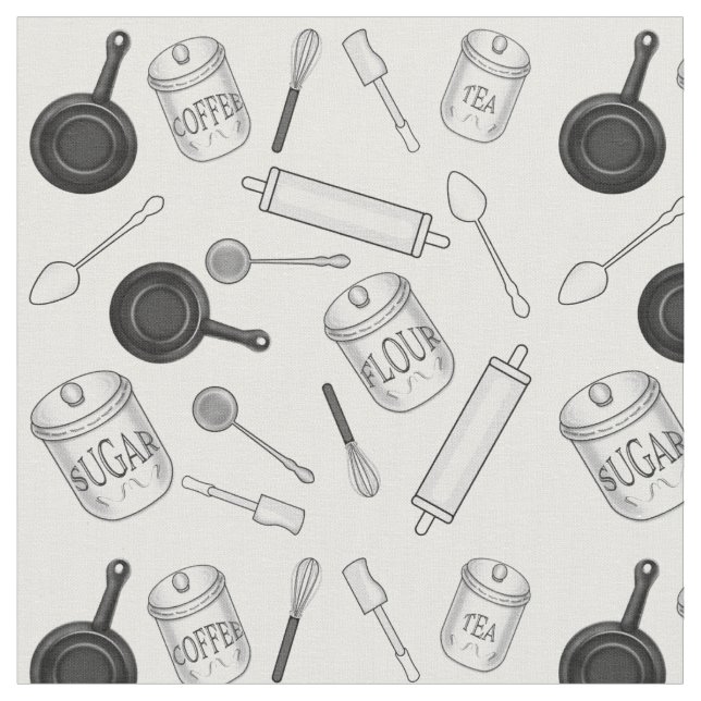 Kitchen Utensils Pattern - Black and White Fabric (Close Up)