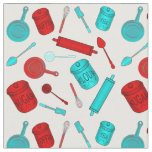 Kitchen Utensils Pattern - Red and Aqua on White Fabric