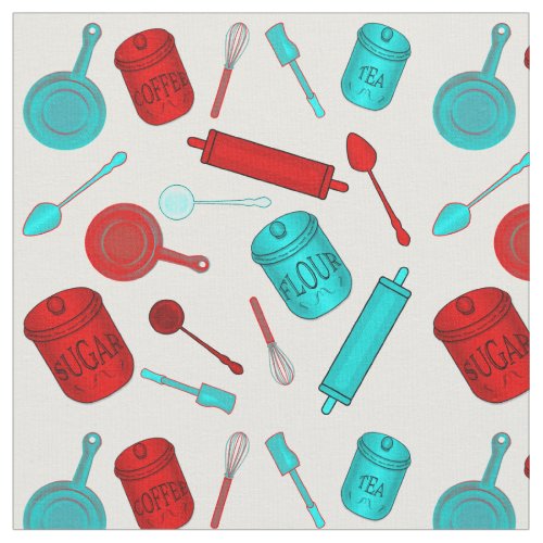 Kitchen Utensils Pattern _ Red and Aqua on White Fabric