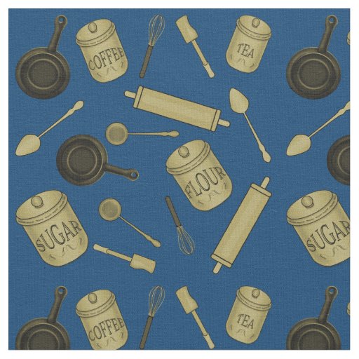 Kitchen Utensils Pattern - Sepia on Dark Blue Fabric