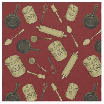 Kitchen Utensils Pattern - Sepia On Dark Red Fabric by TrendyKitchens at Zazzle