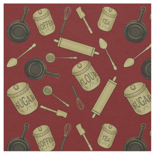 Kitchen Utensils Pattern _ Sepia on Dark Red Fabric