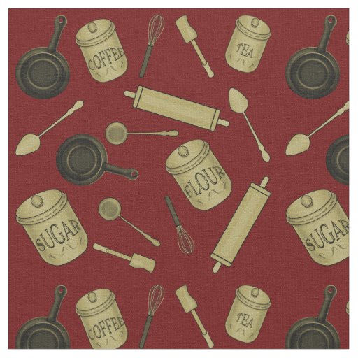 Kitchen Utensils Pattern - Sepia on Dark Red Fabric