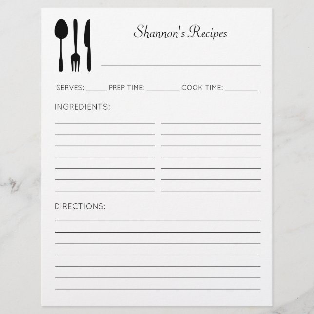 Kitchen Utensils Personalized Recipe Pages (Front)