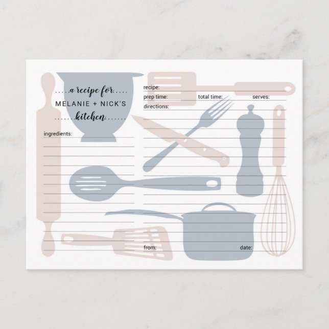 Kitchen utensils recipe cards, dusty rose blue postcard (Front)
