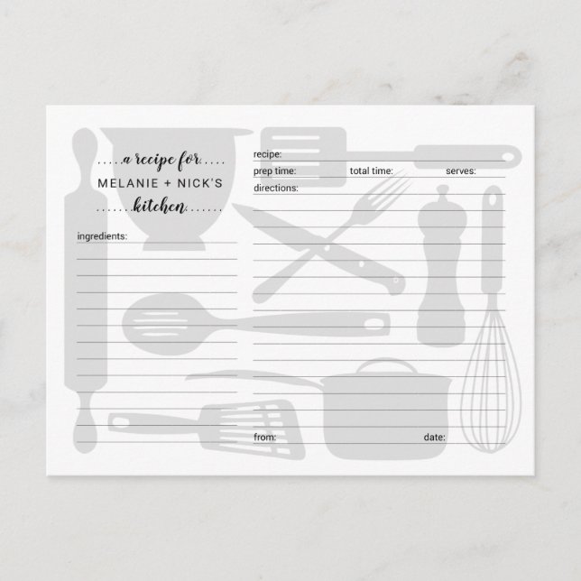 Kitchen utensils recipe cards, neutral gray postcard (Front)