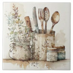 Kitchen Utensils Rustic Watercolors Ceramic Tile<br><div class="desc">Rustic farmhouse country watercolor utensils scene were used to create this perfect ceramic tile.  Mix and match with other companion tiles to create your own customized look.</div>