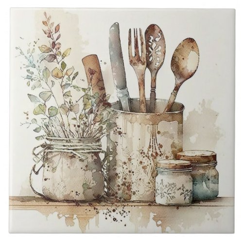 Kitchen Utensils Rustic Watercolors Ceramic Tile