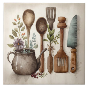Kitchen Utensils Watercolors Rustic Ceramic Tile