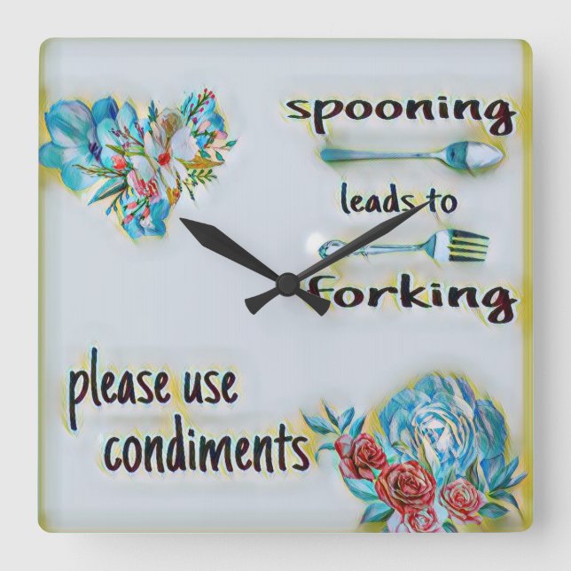 Kitchen Wall Clock, Square, Spooning Leads To Fork Square Wall Clock (Front)