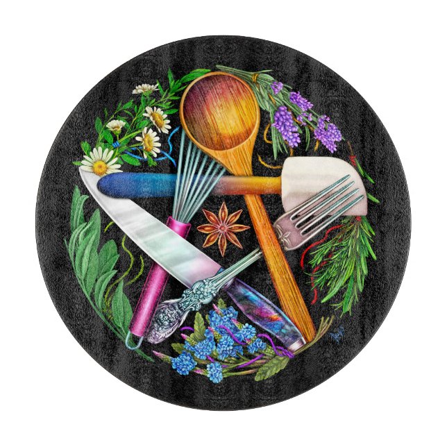 Kitchen Witch Herbal Pentacle Pentagram  Cutting Board (Front)