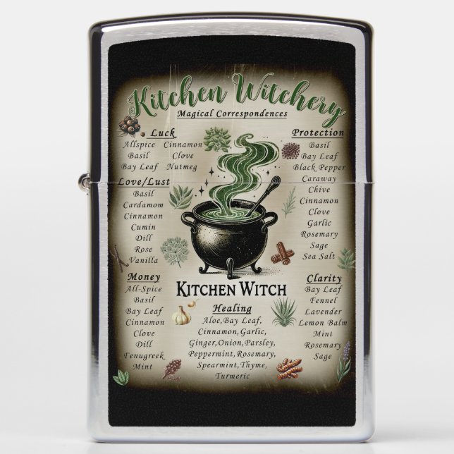 Kitchen Witchery Magical Herbs Correspondences  Zippo Lighter (Front)
