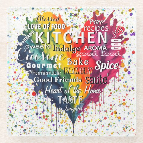 Kitchen Words and Terms Heart Glass Coaster
