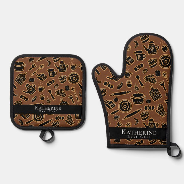 Kitchenware Black Brown Oven Mitt & Pot Holder Set (Front)