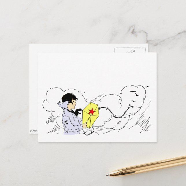 Kite Flying Boy Vintage Art Postcard (Front/Back In Situ)