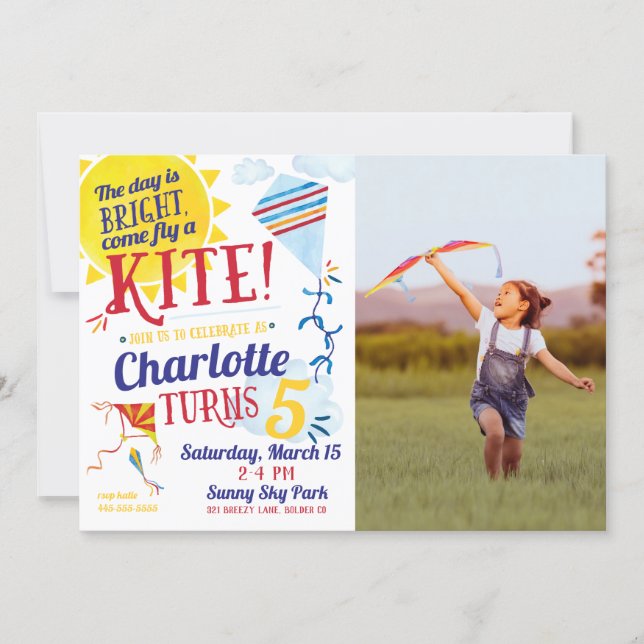 Kite Flying Photo Birthday Invitation (Front)