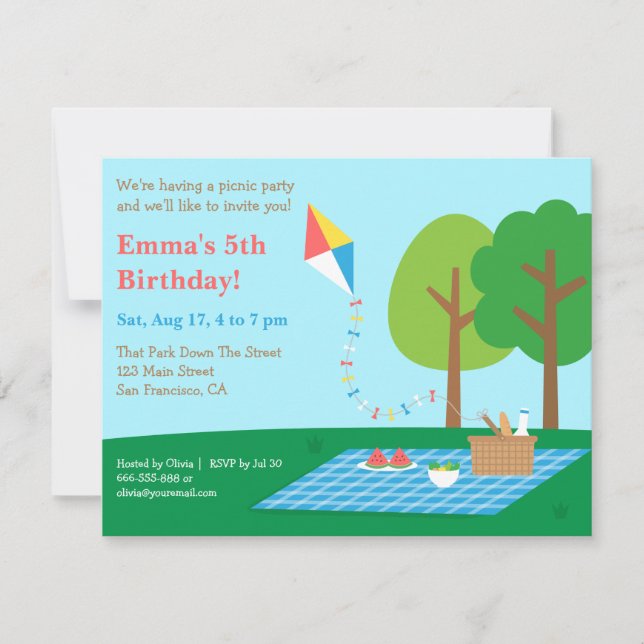 Kite Park Picnic Birthday Party Invitations (Front)