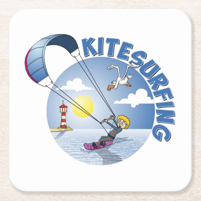 Kite surfing blue illustration. square paper coaster (Front)
