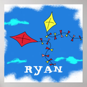 Kite Yellow Red Sky Cloud Drawing Kid`s Name Poster