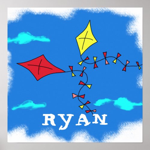 Kite Yellow Red Sky Cloud Drawing Kids Name Poster