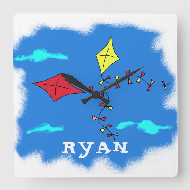 Kite Yellow Red Sky Cloud Drawing Kid`s Name Square Wall Clock (Front)