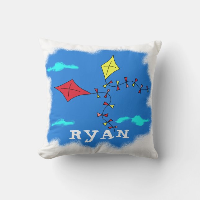 Kite Yellow Red Sky Cloud Drawing Kid`s Name Throw Pillow (Front)