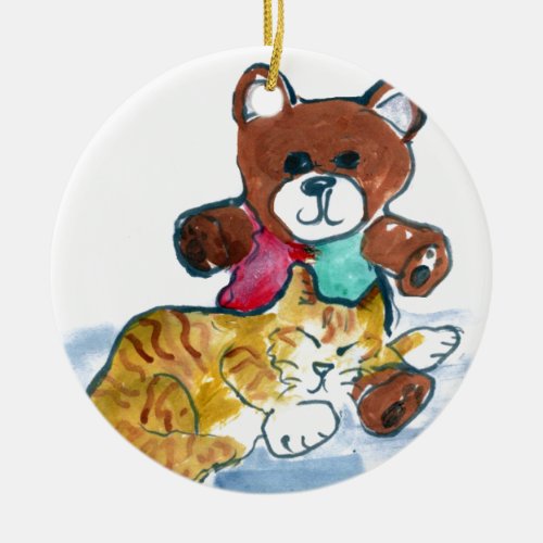 Kitens Teddy Bear Nap Ceramic Ornament