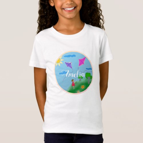 Kites and Girl Drawing Kids Name T_Shirt