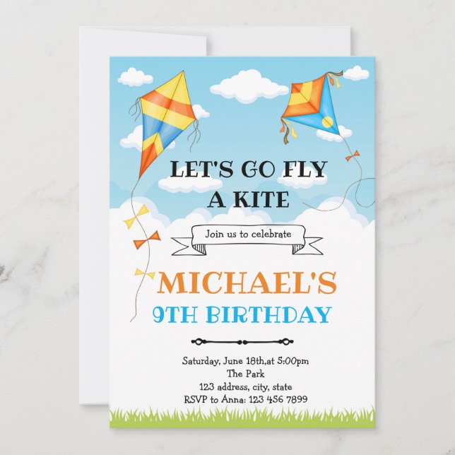 Kites birthday party invitation (Front)