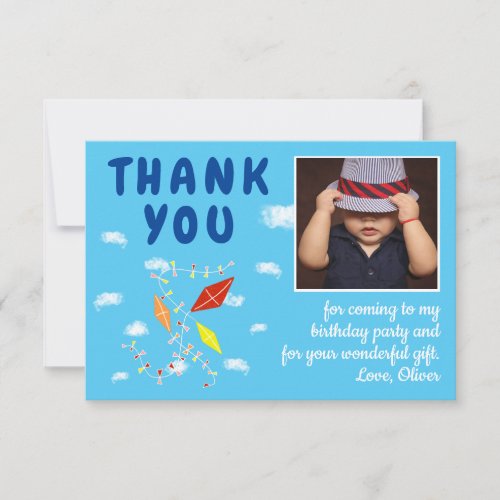 Kites Clouds Blue Kids Photo Birthday Thank You Card