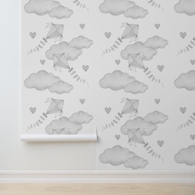 Kites Clouds Hearts Neutral Gray Baby Nursery Wallpaper (Application)