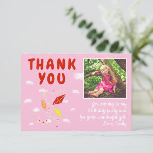 Kites Clouds Pink Girl Photo Birthday Thank You Card