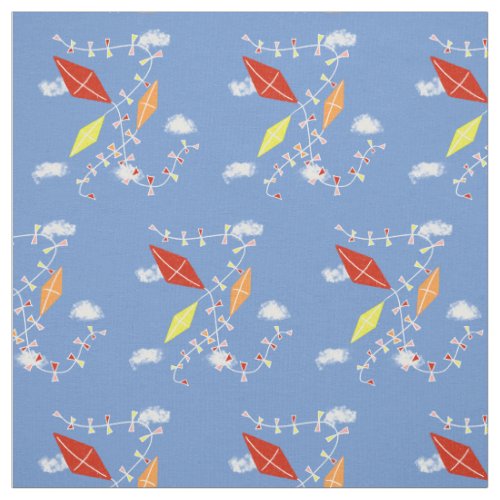 Kites in Blue Sky Clouds Pattern Kids Fabric