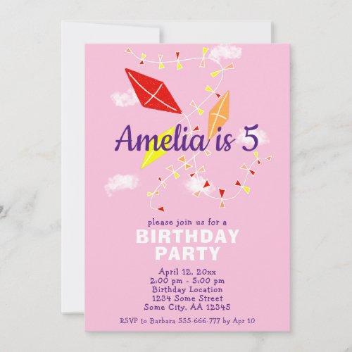 Kites in Pink Sky Drawing Kids Girl Birthday  Invitation