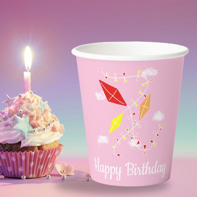 Kites in Pink Sky Girly Girl Birthday Party Paper Cups (Creator Uploaded)