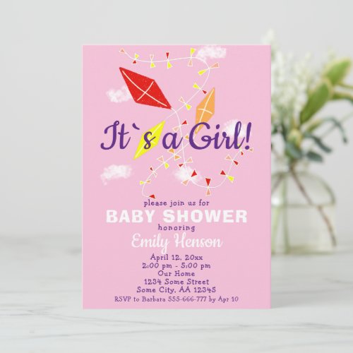 Kites in Pink Sky Its a Girl Baby Shower Invitation