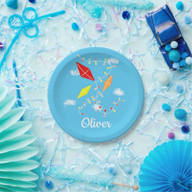 Kites in Sky Blue Boy Happy Birthday Party  Paper Plates (Party)