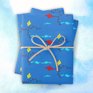 Kites in Sky Drawing Kids Birthday Wrapping Paper Sheets