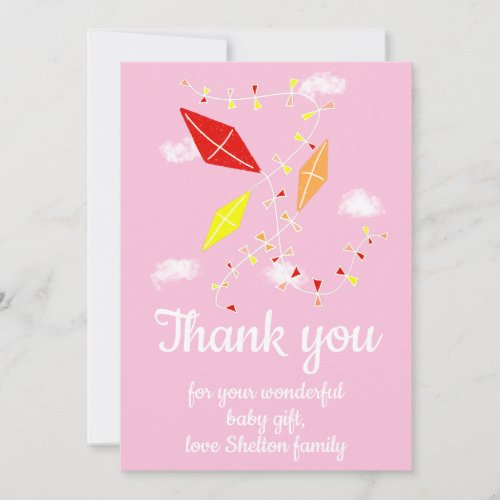 Kites in Sky Pink Baby Girl Baby Shower  Thank You Card