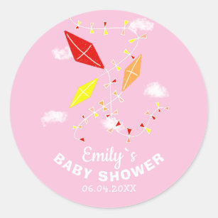 Kites in Sky Pink Girl Baby Shower Classic Round Sticker