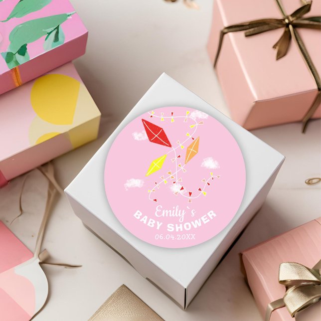Kites in Sky Pink Girl Baby Shower Classic Round Sticker (Creator Uploaded)