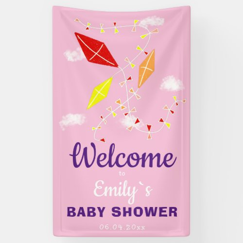 Kites in Sky Pink Girl Baby Shower Party  Banner