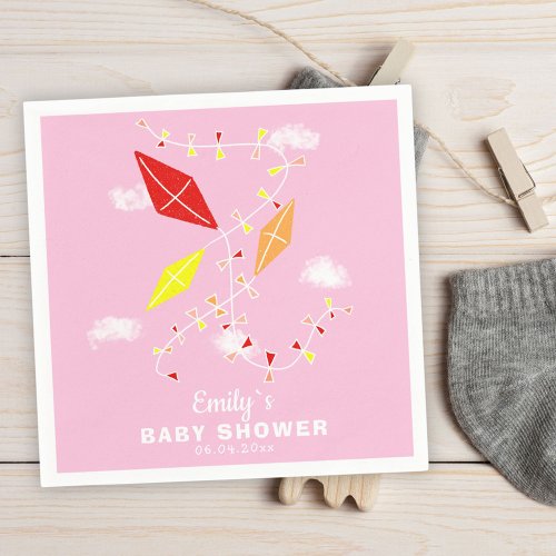 Kites in Sky Pink Girl Baby Shower Party Napkins