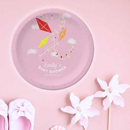Kites in Sky Pink Girl Baby Shower Party Paper Plates