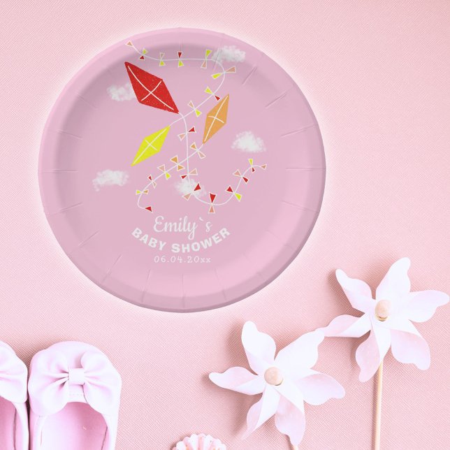 Kites in Sky Pink Girl Baby Shower Party Paper Plates (Creator Uploaded)