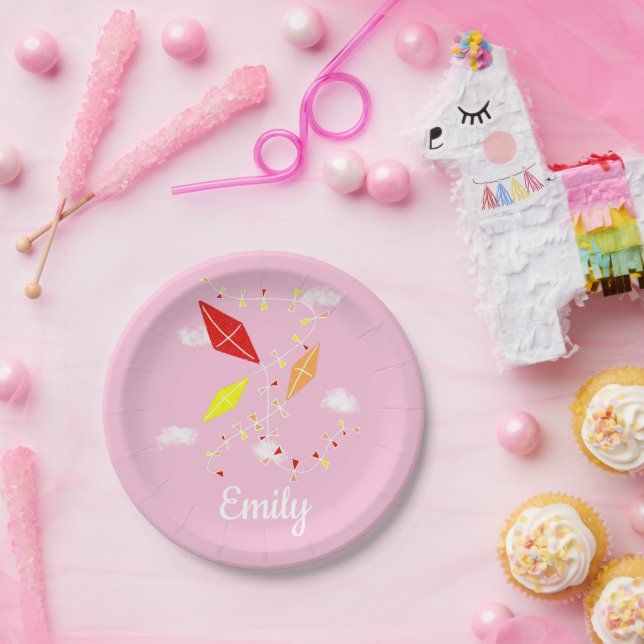 Kites in Sky Pink Girl Happy Birthday Party Paper Plates (Party)