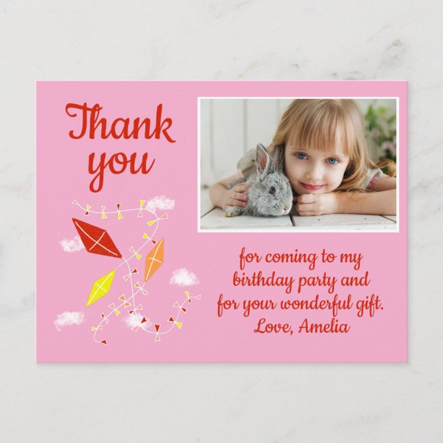 Kites in Sky Pink Girl Photo Birthday Postcard (Front)