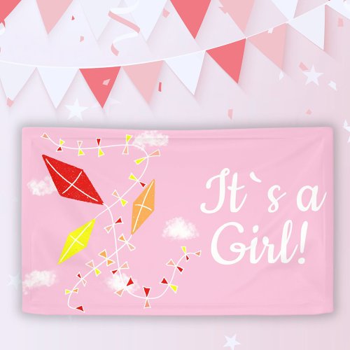 Kites in Sky Pink Its a Girl Baby Shower Banner