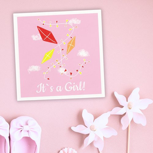 Kites in Sky Pink Its a Girl Baby Shower Party  Napkins
