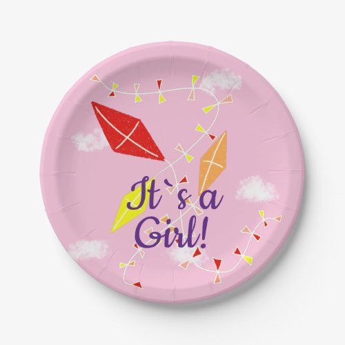 Kites in Sky Pink Its a Girl Baby Shower Party Paper Plates